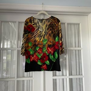Valentina Sparkle Knit Top with Hibiscus and Tiger Stripes, Size M